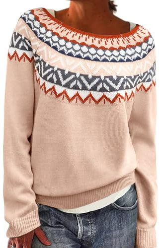 heekpek Pull Jacquard Femme Norvégien Alpaga Pulls Col Rond Sapin de Noël Ample Pull Femme Hiver Chaud Chic et Élégant Doux Sweat Tricoté Haut Pull'de Noel, Brun Fair Isle, M