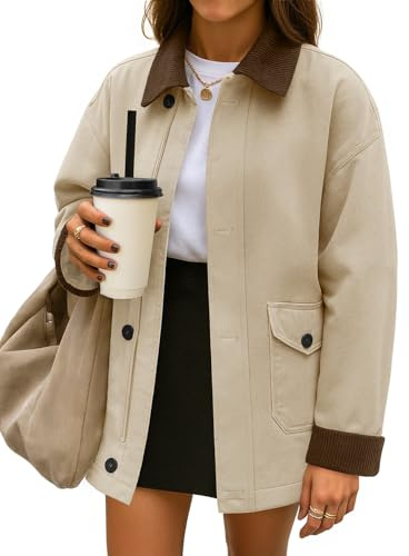 ZESICA Women's Trendy Casual Oversized Barn Jackets 2026 Spring fall Lightweight Contrast Collar Zip Up Cotton Cargo Coat,Apricot,Medium