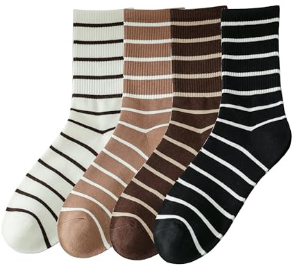 CORFINXM Striped Crew Socks for Women, Crew Cotton cozy casual Socks 4 Pairs in size 5-8 (Maillard color palette)