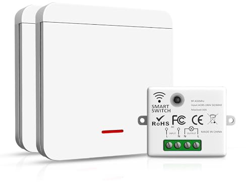Interrupteur sans fil 433 MHz – 2 interrupteur et 1 récepteur 10A, installation facile, interrupteur radio sans fil et sans pile, télécommande d’éclairage à distance pour usage domestique