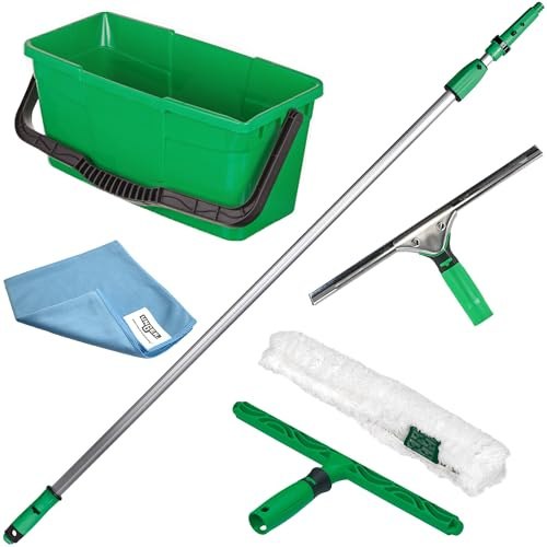 Unger AK285 Kit de Nettoyage Professionnel pour vitres avec raclette de 35 cm, Nettoyeur Haute Pression de 35 cm, Seau de 12 l et Poteau de 1,25 m pour fenêtres, Verre et UPVC