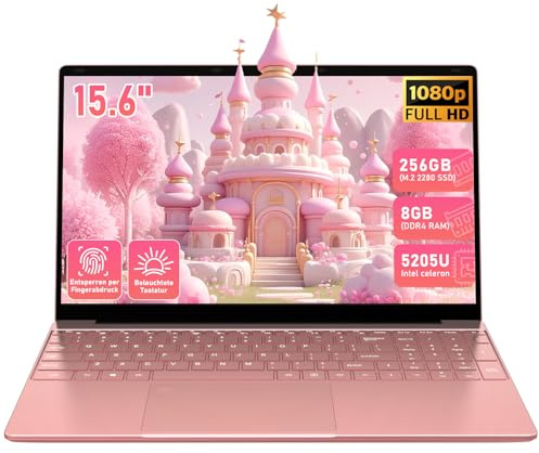 Trygood Laptop 15.6 Zoll Günstig (FHD IPS Display), Notebook Rosa/Roségold mit Fingerabdruck & Beleuchteter Tastatur, Roségold, 8GB RAM, 256GB SSD für Home-Office & Multimedia