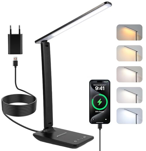 Carehabi Lampe de Bureau Puissante - 5 Modes de Couleurs et 5 Niveaux de Luminosité Réglables - Rotation sur 3 Axes - Protection des Yeux - Lampe de Lecture avec Port USB et Fonction Mémoire,Noir