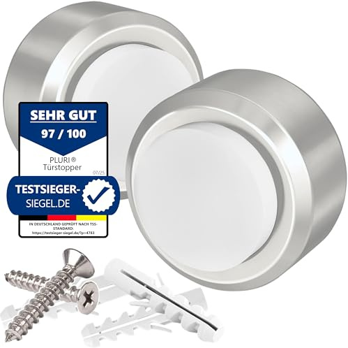 PLURI - Premium Türstopper Wand Edelstahl [2er Set] - GRATIS Befestigungsmaterial, Wandmontage mit Schrauben & Dübeln – Gummi-Puffer schützt Türgriff, Türklinke und Wand, Weiß