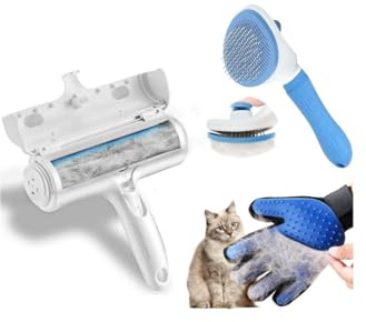 Pet Hair Remover Kit 3-Piece Set - Grooming Glove, Lint Roller & Reusable Brush for Dogs Cats, Furniture Carpet Car Cleaning
