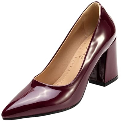 CHICMARK Escarpins à talon bloc - Talon de 8 cm et embout pointu pour femme - Aspect cuir verni au design classique - Confortable pour le bureau et les soirées, bordeaux, 42 EU