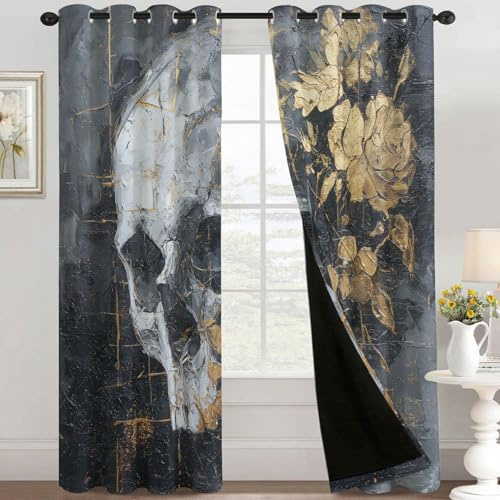 Generisch Blickdichte Vorhänge Gothic Motiv, Verdunklungsvorhänge mit Ösen H 166 x B 75, 2er Set, Totenkopf Blumen Gardinen Wohnzimmer Schlafzimmer Deko, Thermovorhang YR176