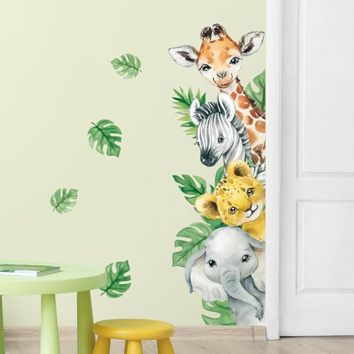 Tanlaby Wandtattoo Kinderzimmer Tiere Dschungel Türaufkleber Safari Tiere | Giraffe Elefant Grüne Blätter Wandaufkleber für Kinder Junge Mädchen Babyzimmer Wohnzimmer Schlafzimmer Wanddeko