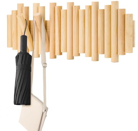 GREENSAPPIRE Garderobenhaken Garderobenleiste und Moderne Wand Dekoration mit 7 Klapphaken aus geschliffenem Kiefernholz Natur