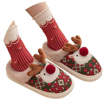 Generisch Ciervo de Navidad Punta cerrada Zapatillas de fieltro planas para mujer 2025 Invierno cálido felpa cómodas zapatillas de piel de cordero, verde, 39 EU
