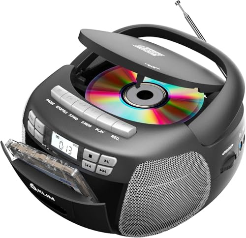 KLIM CD Player - Reproductor Cassette, Am/FM Radio CD y Bluetooth, Control Remoto, Radio Cassette con CD-R y Grabación en Cinta, USB, AUX, Reproductor CD-R con Sonido Estéreo - Plata
