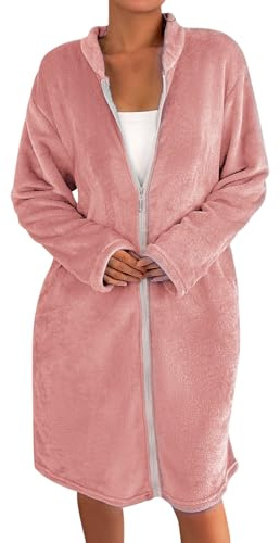 YOSUWOAI Bata para mujer, mullida, bata monocolor, con cremallera, ropa de dormir, para otoño e invierno, bata de sauna, de franela, bata de baño cálida