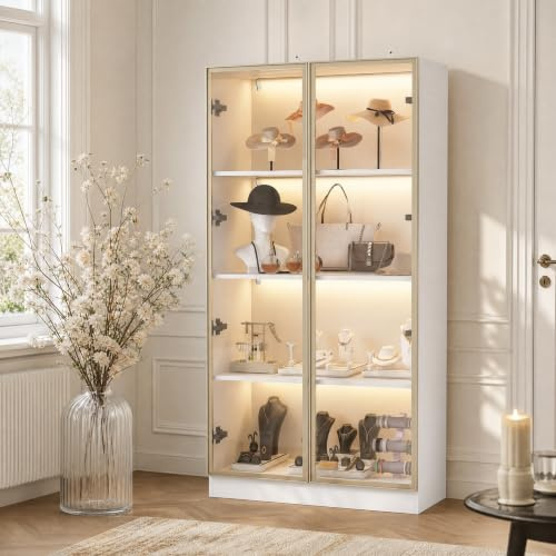 DAZAGCE Display Cabinet with Glass Doors, 4-Tier Curio Cabinet with 3 Color LED Lights, Display Cases with Adjustable Shelf for Collectibles Bedroom Living Room Office, 40D x 80W x 160H cm, White