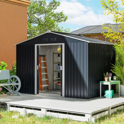 Outsunny Caseta de Jardín Exterior 4,9 m² 277x195x192 cm Gris Oscuro | Cobertizo de Jardín Exterior Metálico, Claraboya de Fibra de Vidrio, Puerta Corredera, Ventilación, Kit de Fundación