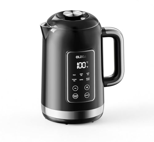 OLEGA Bollitore elettrico: 1800 W con controllo della temperatura, capacità 1,5 l, in acciaio inox, Smart Kettle, ideale per caffè e tè, nero
