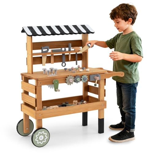 DREAMADE Holz Kinder Werkzeugbank, 2-in-1 Outdoor Kinder Rollwagen mit Werkzeugset, Überdachung & Rädern für Bauspiel, Werkbank Spielset, Rollenspiel Werkstatt Spielzeug für Kinder ab 3 Jahren