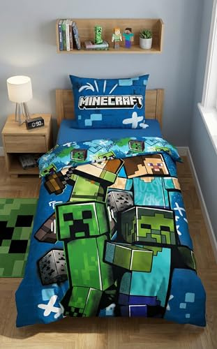 Minecraft Enkelsäng Påslakan 140x200 + Örngott Mikrofiber Steve Alex Zombie | Vändbart sängset | Mjuk mikrofiber snabbtorkande Oeko-Tex | Nattstrid mot Creeper | 6-14 år | Barnrumsinredning