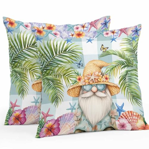 Tropical Coastal Outdoor Pillows Covers 20x20Inch Set of 2 Decorative Throw Pillow Covers Cases Waterproof for Patio Furniture,Sofa,Couch,Porch, Vintage Dwarf Shell Starfish Butterfly Palm Tree