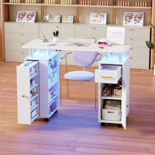 Elancee Nageltisch mit Staubabsaugung,Profi Manikürtisch für Nageldesign,Stabiler Nagelstudio Tisch mit LED-Leuchten,1 Vertikale Auszugsschränke,&Offenes Regal,2 Staubsaugerbeuteln