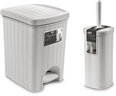 Kreher - Set da bagno in rattan, 2 pezzi, con pattumiera a pedale, 20 litri e spazzola per WC abbinata, colore: Bianco alpino