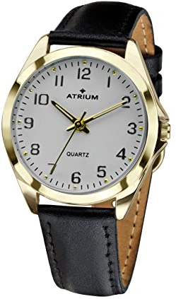 Atrium Damen Armbanduhr Klassisch Sehr Deutlich Goldfarben Analog Quarz mit Leder Armband Schwarz A11-20