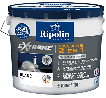 RIPOLIN - Peinture Façade 2 en 1 Extrême Extérieur - Sous-Couche Intégrée - Très Forte Adhérence - Protection Contre Micro-organismes - Résistance aux UV et Intempéries - Mat - 10L - Blanc