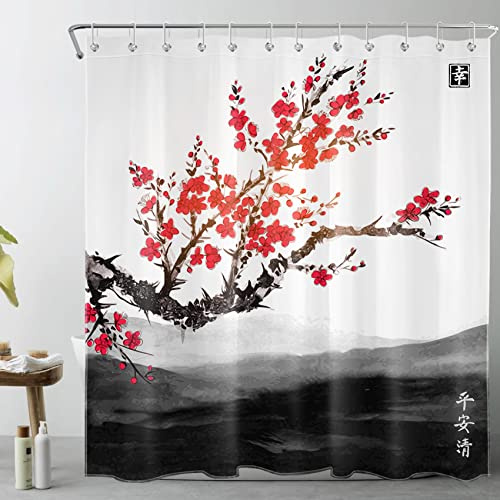 LB Duschvorhang Anti Schimmel 180x180 cm, Japanisch Rote Blume Schwarz Berg Badezimmer Deko, Waschbar Wasserdicht Polyester Stoff, 12pcs Duschvorhang Haken