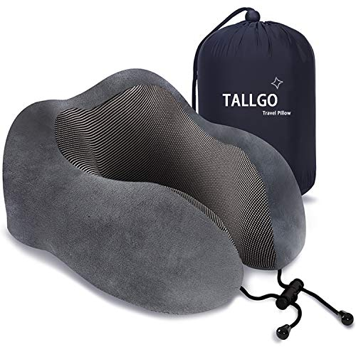 TALLGO Travel Pillow, Best Memory Foam Neck Pillow Head Support Soft Pillow for Sleeping Rest, Airplane Car & Home Use (Grey)