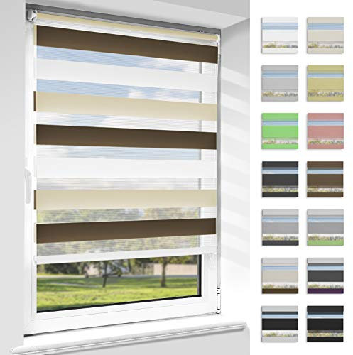 OUBO Doppelrollo Klemmfix ohne Bohren Weiß-beige-braun B50 x H130cm (Stoffbreite: 46cm), Duo Rollo für Fenster und Tür, Fensterrollo Sonnenschutz & Sichtschutz