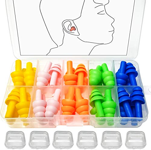 BITEFU 40pcs Silikon Ohrenstöpsel Wasserdichte Gehörschutzstöpsel für Schwimmer, Gehörschutz Ohrstöpsel für Flugzeuge Schlafen,mit Tragbar Box(5 Farben 20 Paare)