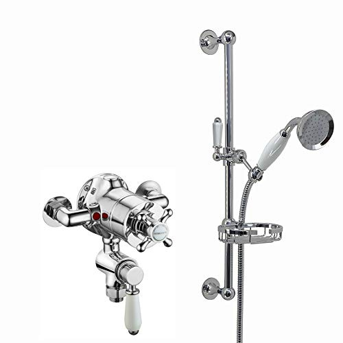 ENKI SH0539 Downton Thermostatic Exposed Basket Slider Rail Kit, Chrome | Solid Brass, 10-Year Guarantee, Rainfall Shower Head, Shower Mixer Set, Modern Bathroom