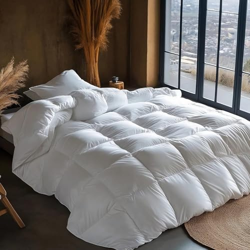 GDFP Goose Down Double Duvet 13.5 Tog, 200 x 200 cm, Warm Winter, Machine Washable, 100% Cotton Shell, 3D Baffle Box Design with Corner Tab, Highly Fluffy Down Duvet for Cold Seasons