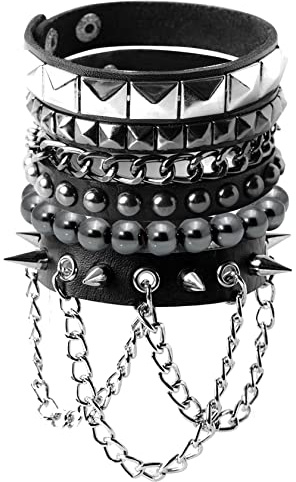 Eigso 4 St Gothic Armband Punk PU Leder mit Nieten Ketten Gallenstein Knopfverschluss Damen Herren