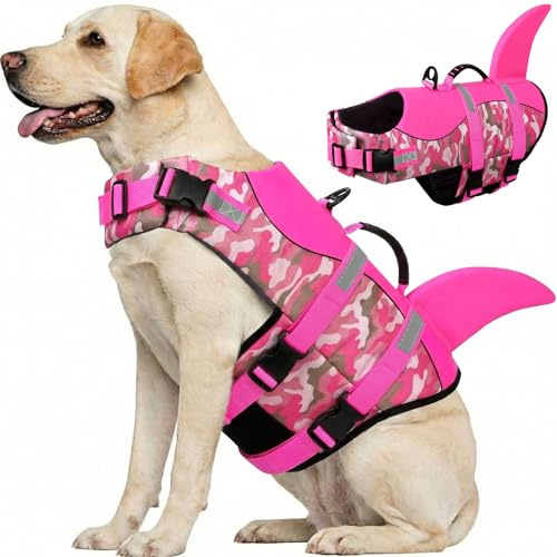 CITÉTOILE Flytande väst för små medelstora och stora hundar med handtag och reflekterande hundar flytväst haj hund liv jacka med bra flytkraft, lätt och säker för vattensporter, rosa kamouflage, XL