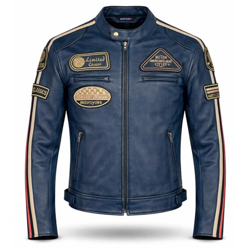 PRO FUTURE ASPIDEX Blouson moto en cuir pour homme, vintage, Custom & Café, de course, style Harley, bleu, XL