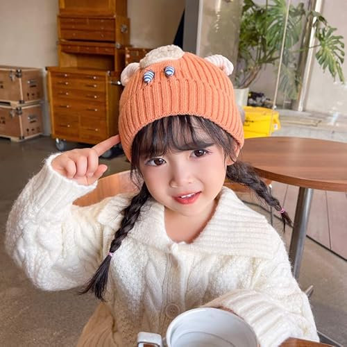 Winter Strickmütze für Kinder Mädchen Jungen 2-5 Jahre,Niedlich Katze Kinder Wintermütze Warme Beanie Mütze Beanie Hut Strickmütze Winter Warm Kindermütze Geschenke für Weihnachten,Orange