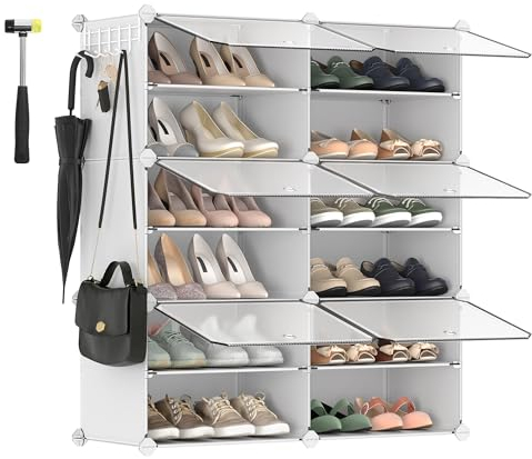 SONGMICS Schuhregal, Schuhschrank mit 6 Fächern, für Garderobe und Eingangsbereich, für bis zu 24 Paar Schuhe, anpassbar, wolkenweiß-transparent LPC033W01