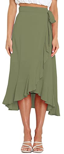FEOYA Donne Vita Alta Cravatta Avvolgere Midi Gonne Pianura Orlo Increspato Maxi Wrap Gonne Casual Estate Spiaggia Gonne lunghe, Verde, L