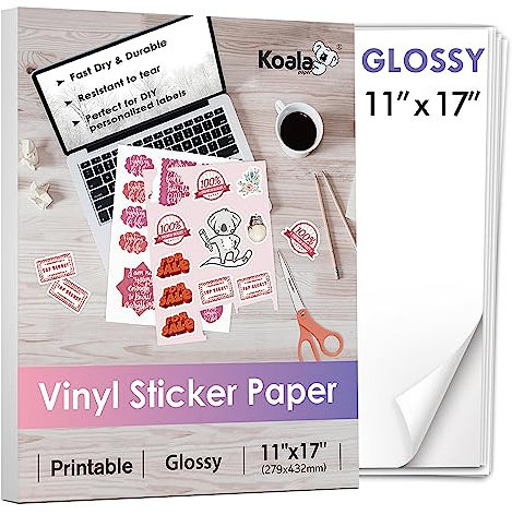 Koala bedruckbares Vinyl-Aufkleberpapier für Tintenstrahldrucker, 27,9 x 43,2 cm, 10 Blatt weißes, glänzendes Aufkleberpapier, wasserfest, reißfest, entfernbar