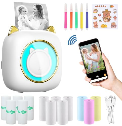 ZAKVOP mini drucker für Smartphone, mini Tragbare Fotodrucker, mini Pocket Printer, Bluetooth thermodrucker für iOS und Android, Aufkleber drucker für Journal, Notizen, Liste, Memo - weiß