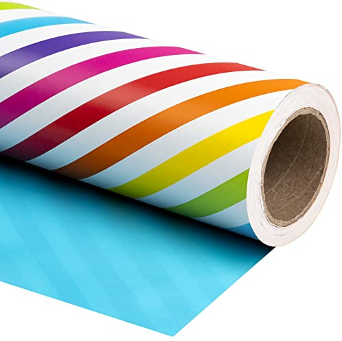 RUSPEPA Vändbart omslagspapper – minirulle – 43,2 cm x 10 m – regnbågsrand och solid blå design för födelsedag, firande, babyshower