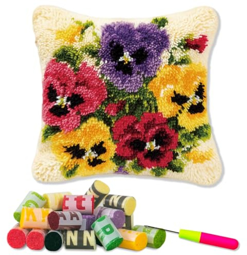 DL-YTG Latch Hook Kits Pillow Flower Crochet Yarn Cushion Colour Pre-Printed Canvas Rug Needlework DIY Pillowcase Hook and Latch Kit Christmas Home Arts Crafts Sofa Decoration 42x42cm/17 X17