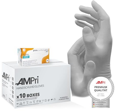 AMPri Nitrilhandschuhe, weiß, 10 Box a 100 Stk, Größe XS, puderfrei, Puracomfort white: Nitril Einmalhandschuhe, Einweghandschuhe in den Größen XS, S, M, L, XL