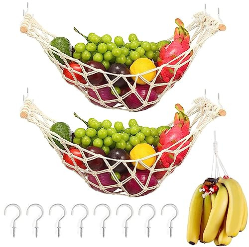 ANPTGHT Obst-Hängematte, Makramee, zum Aufhängen, Obstkorb, Gemüse, Hängematte, unter Schrank, Obstaufbewahrung, Boho, Küche, Makramee, Obstnetz mit Bananen-Makramee-Aufhängern und 8 Haken, 2 Stück