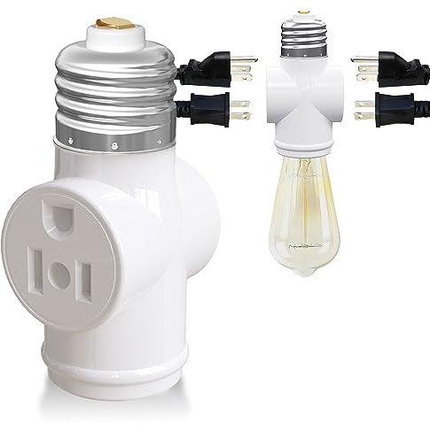 Light Socket Adapter, Convert E26 Light Socket to 3-Prong Outlet Adapter and Light Bulb Socket, 1 Pack(White)