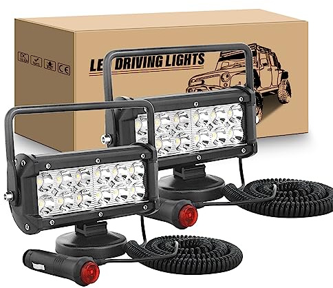 RIGIDON 2x Arbeitsscheinwerfer mit magnetfuß, 7 Zoll 36W Suchscheinwerfer | Spot Offroad Scheinwerfer Auto Magnet 12V 24V, Zigarettenanzünder, 5m Kabel für Traktor Anhänger SUV KFZ LKW Camping Boot