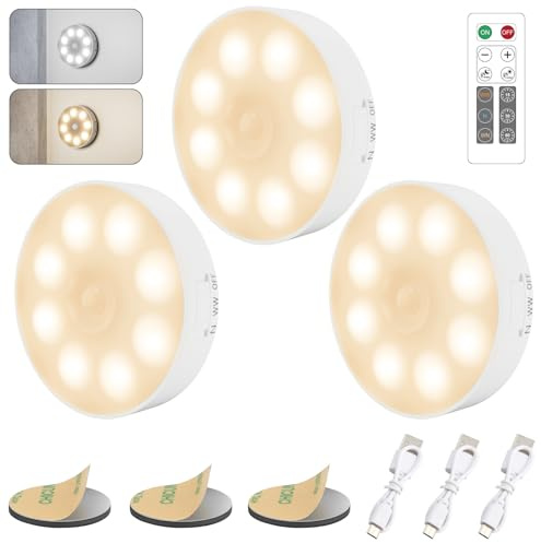 Electight 3 Pièce Dimmable Lampe Detecteur Mouvement [avec Télécommande] | Veilleuse LED Automatique Rechargeable, 3 Températures de Couleur, Veilleuse Sans Fil pour Placard, Armoire, Escalier