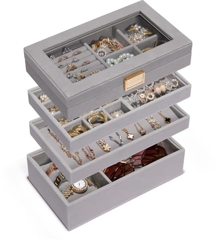 Seelux Portagioie, Impilabile, Organizer per Gioielli con Cassetto con Coperchio in Vetro, Divisori Rimovibili per Toletta, Idea Regalo per Ragazze e Donne(Grigio)