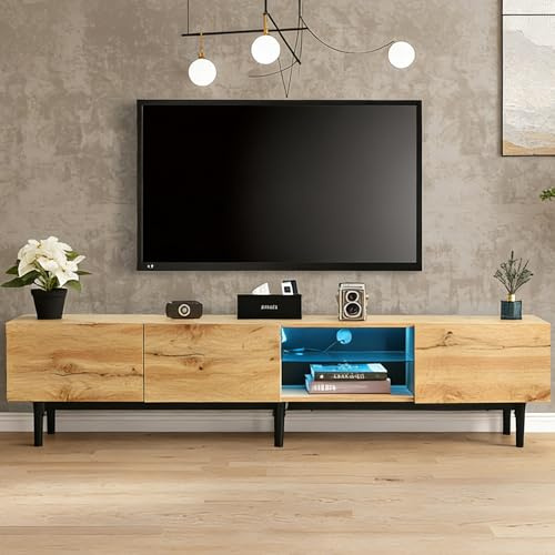 BTM Moderner TV-Schrank mit Holzmaserung, Variable LED-Leuchten, 175 (L) x 31 (W) x 41 (H) cm