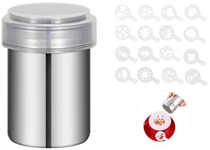FURREN Spargi Cacao in Polvere Piccolo Spargi Zucchero a Velo e Cacao con 16 Stampini per Caffè Shaker per Cioccolato in Acciaio Inox Spargicacao Decora Cappuccino con Coperchio per Cannella Caffe